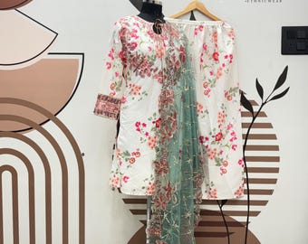 Floral Print Modal Silk Palazzo Suit with Sequence Embroidery