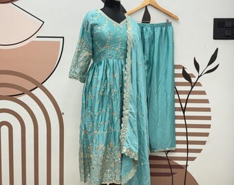Turquoise Blue Chinon Silk Anarkali Gown, Embroidered Indian Wear with Dupatta