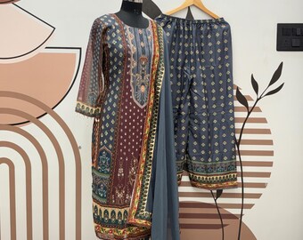 Grey Georgette Salwar Suit, Digital Print, Mirror Work, 3Pc