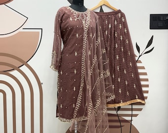 Brown Georgette Sharara Set, Siqunce Embroidery, 3Pc Party Wear