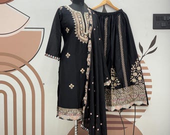 Black Georgette Sharara Suit, Embroidery Siqunce, Indian Wedding Outfit