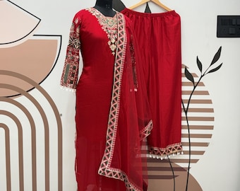 Red Vichitra Silk Kurti Palazzo Set, Embroidered Pakistani Salwar Kameez