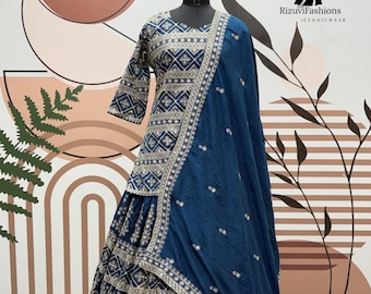 Blue Silk Lehenga Choli Set, Embroidery Sequence Work, Wedding Outfit