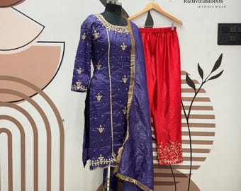 Kurta Salwar de créateur violette avec dupatta pour femme des États-Unis, tenue indienne de séquence de broderie