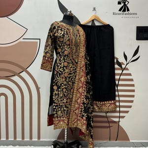 刺繍入りブラッククルタパラッツォセット、パキスタンのパーティーウェアサルワールカミーズ
