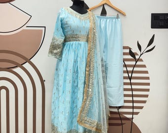 Light Blue Chinon Silk Anarkali Gown, Sequence Embroidery, Dupatta