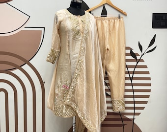 Beige Pakistani Salwar Kameez Suit, Embroidery Sequence Work, Dupatta Dress