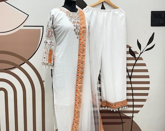 White Vichitra Silk Kurta Palazzo Set, Embroidered Pakistani Salwar Kameez