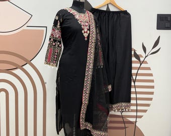 Salwar Kameez noir brodé avec dupatta, vêtements ethniques indiens