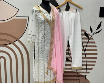 White Georgette Salwar Kameez, Heavy Embroidery Sequence Work, 3Pc Suit Set