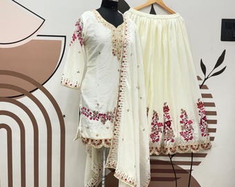 Costume palazzo blanc pakistanais Sharara, broderies de soie chinon, tenues de soirée Sangeet