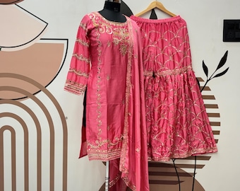 Bruiloftkleding roze Kurta Sharara-set met dupatta, Pakistaanse Salwar Kameez, 3 stuks