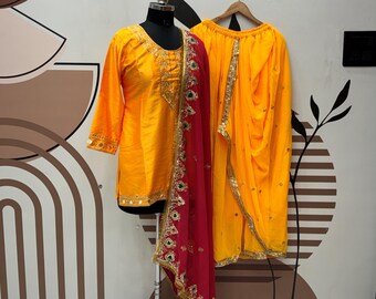 Embroidered Yellow Satin Kurta Dhoti Salwar Suit, Wedding Guest Outfit