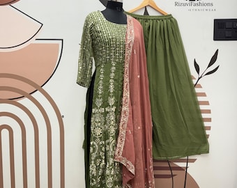 Salwar Kameez in georgette verde oliva, sequenza di ricami, pronto da indossare