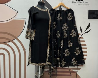 Conjunto de kurta y sharara de georgette negra, salwar kameez pakistaní, traje étnico de boda de 3 piezas