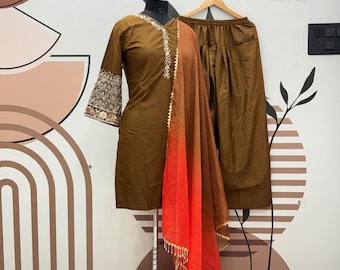 Embroidered Brown Satin Silk Kurta Palazzo Set, Party Wear Salwar Kameez