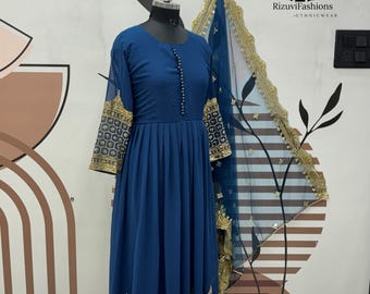 Embroidered Blue Georgette Anarkali Gown with Dupatta, Pakistani Designer Dress
