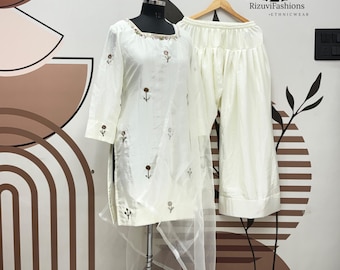 White Chinnon Silk Kurta Palazzo Set, Embroidery Sequence, Party Wear