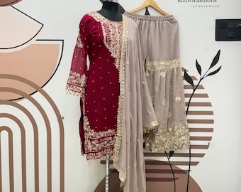 Red Georgette Kurta Sharara Set, Embroidery Sequence Work, Readymade Salwar Suit