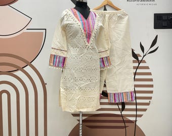 White Khadi Cotton Palazzo Suit with Thread Work, Party Wear, 2Pc Set