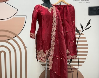 Maroon Kurta Palazzo Set, Embroidered Chinnon Salwar Kameez