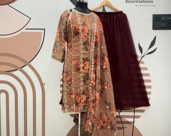 Costume Sharara marron en georgette, broderies en séquence, tenues de soirée