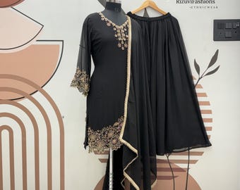 Conjunto de salwar kameez de georgette negra con cuentas bordadas