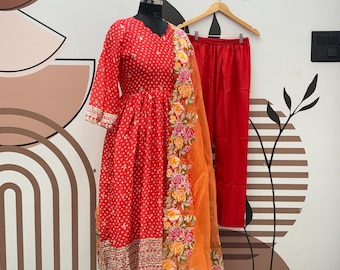 Red Chinon Silk Anarkali Gown, Embroidery Sequence Work, 3Pc Suit