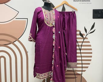Wine Chinnon Silk Salwar Kameez, Embroidery Sequence, 3Pc Wedding Suit