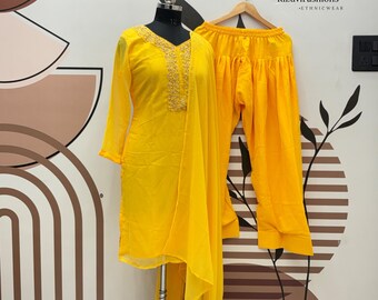 Georgette Yellow Kurta Salwar Kameez with Embroidery, 3Pc Suit Set