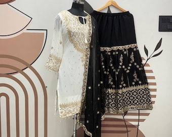 Black Georgette Kurta Sharara Suit, Embroidery Sequence Party Wear