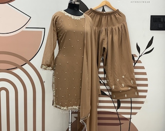 Brown Georgette Salwar Kameez, Embroidered Palazzo Suit, Party Ethnic Wear