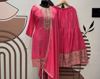 Pink Chinnon Silk Salwar Kameez, Embroidery Sequence Sharara Set