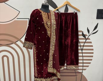 Roter Samt Salwar Kameez, Stickarbeit, Ethno Anzug
