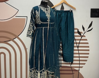 Teal Blue Georgette Anarkali Gown, Lace Border Dupatta, Embroidered Reception Wear