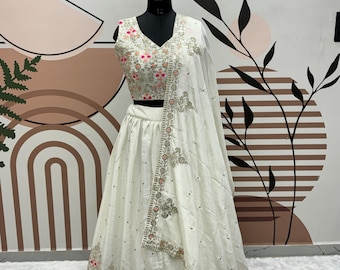 White Embroidered Lehenga Choli, Indian Wedding Outfit