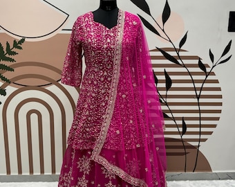 Pink Georgette Lehenga Choli Set, Embroidery Sequence Work, Soft Net Dupatta
