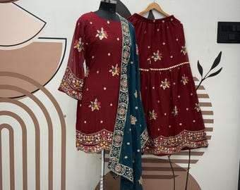 Costume palazzo bordeaux, séquence de broderies, tenues de soirée Sangeet
