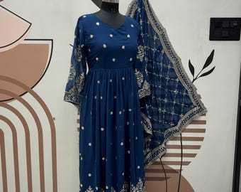 Embroidered Royal Blue Georgette Anarkali Gown with Dupatta