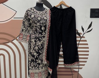 Black Georgette Salwar Kameez, Embroidered Kurta Palazzo Set