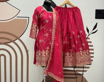 Pink Indian Sharara Suit, Embroidery Sequence, Wedding Outfit, 3Pc Set