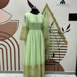 Light Green Georgette Anarkali Gown with Thread Sequence Work & Dupatta