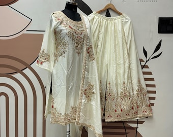 White Chinnon Silk Kurta Palazzo Suit, Embroidered Ethnic Wear