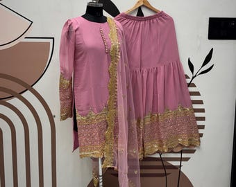 Pink Georgette Salwar Kameez, Embroidered Sharara Set, Ethnic Party Wear