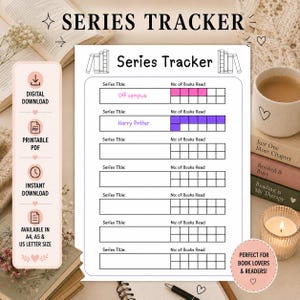 May include: A white paper series tracker sheet with black text and lines. The header reads Series Tracker with book illustrations. It includes rows for Series Title and No: of Books Read with grid boxes. Two rows are filled with pink and purple ink.
