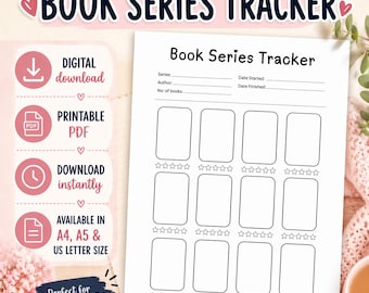 May include: A white Book Series Tracker printable PDF with a pink and white design. The tracker includes spaces for series, author, and book details, with star ratings. The image also includes text that says "Digital Download", "Printable PDF", and "Download Instantly".