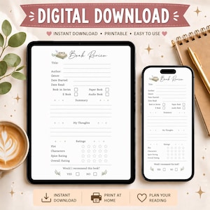 May include: A digital book review template, shown on a tablet and smartphone. The template includes sections for title, author, genre, date started, date read, and ratings. The top banner reads "DIGITAL DOWNLOAD".