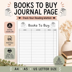 May include: A printable PDF journal page titled "Books To Buy" with sections for book title, author, and price. The design includes book illustrations and the text "Track Your Reading Wishlist." Available in A4, A5, and US Letter sizes.