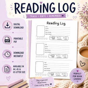 Peut inclure: Un journal de lecture imprimable avec le texte "READING LOG" en haut. Le journal permet de suivre le titre, l'auteur, le genre et les dates des livres. Disponible en formats A4, A5 et US Letter. Comprend des icônes pour le téléchargement numérique et PDF.
