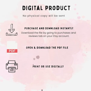 May include: A digital product graphic with the text "DIGITAL PRODUCT" and instructions for purchase and download. Includes a PDF icon and printer icon. The background has a pink watercolour wash.